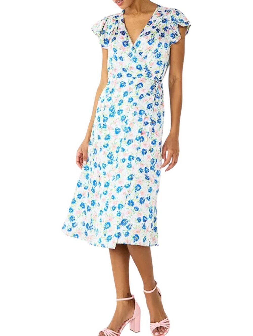 Draper James RSVP Flutter-Sleeve Wrap Midi Dress Women's Lined Floral V Neck XXL